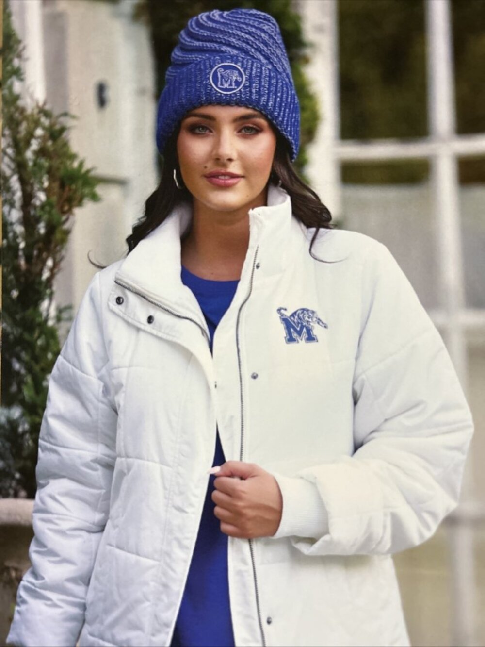 NEW Memphis Tigers Colosseum White Full Zip Puffer Jacket Women's M Knit Hat